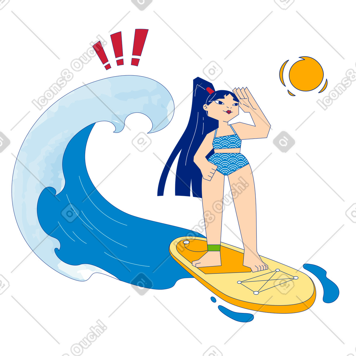 Caught in oversized wave while surfing under sun, Facing danger and fatal error concept illustrazione stile Neo-Sakura scarica PNG, SVG