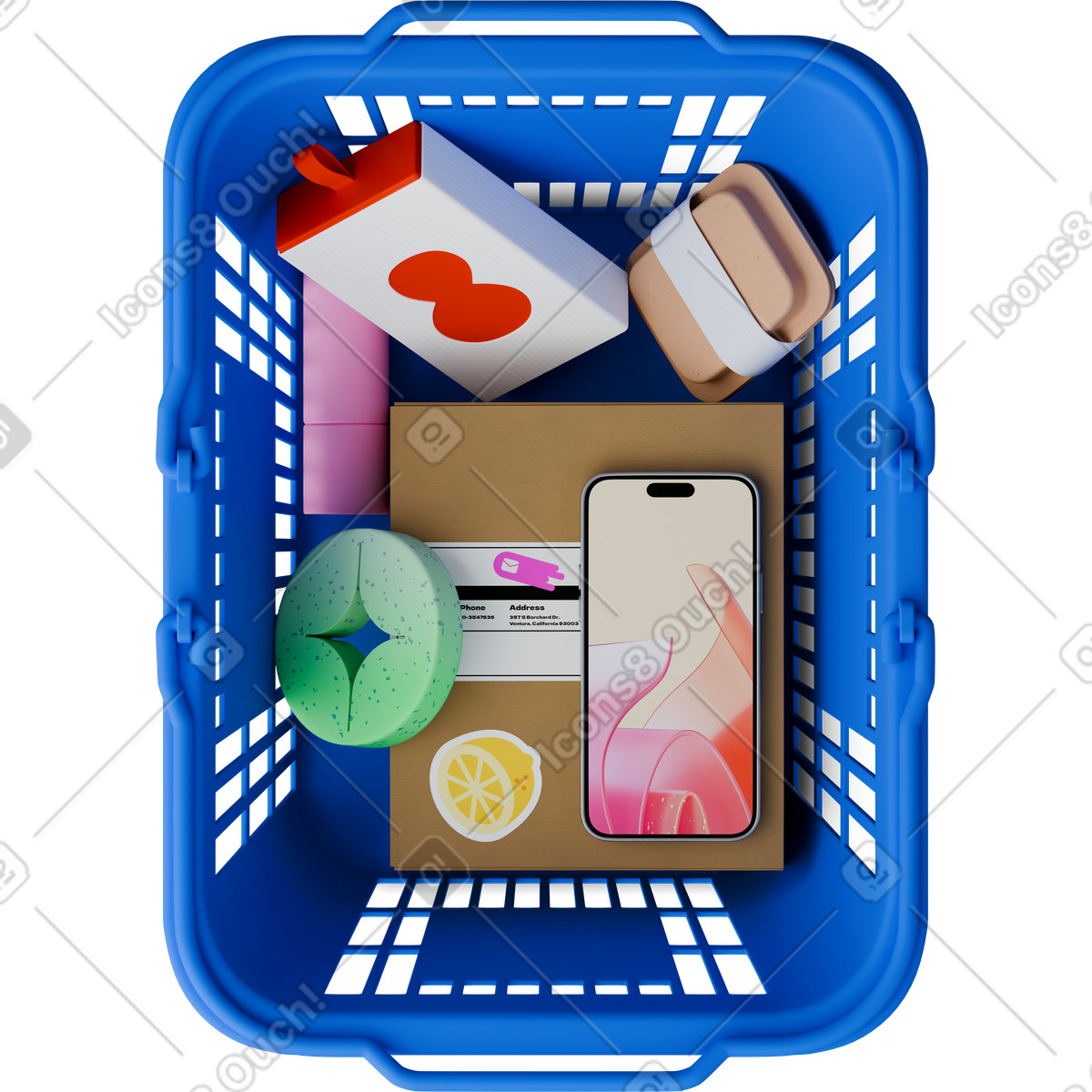 Top view of shopping basket with cosmetics illustration in 3D Hygge style download in PNG, SVG