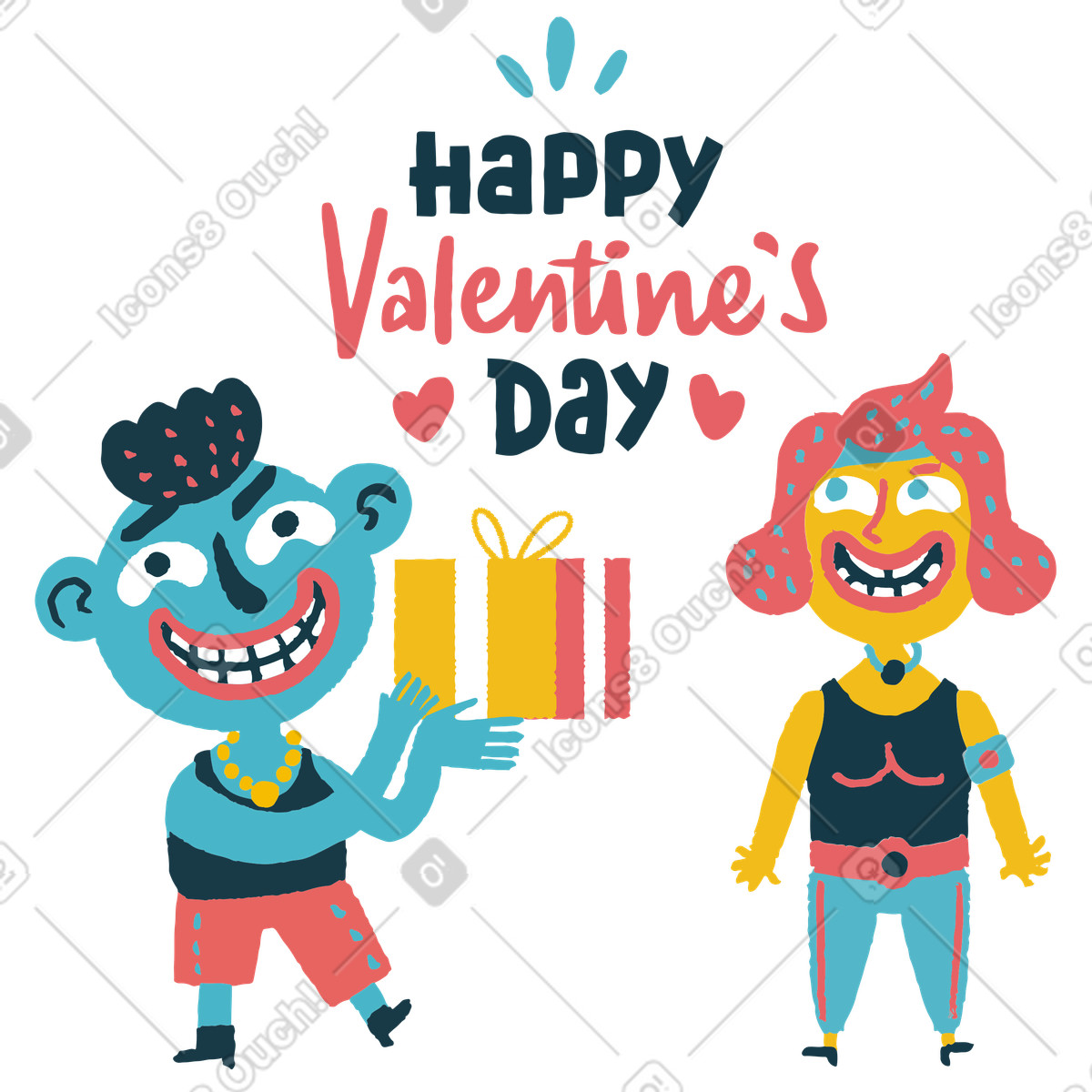 Valentine's day gift exchange with happy cartoon couple illustration in Flamenco style download in PNG, SVG