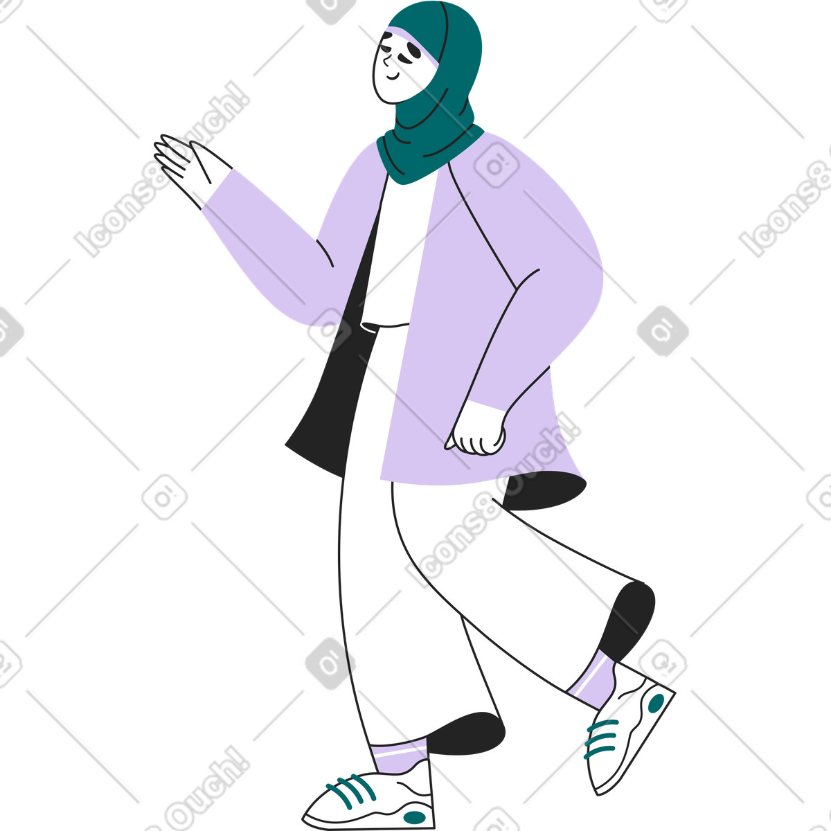 Illustration Femme musulmane marchant et tenant quelque chose dans sa main le style Sammy Line à télécharger aux formats PNG, SVG