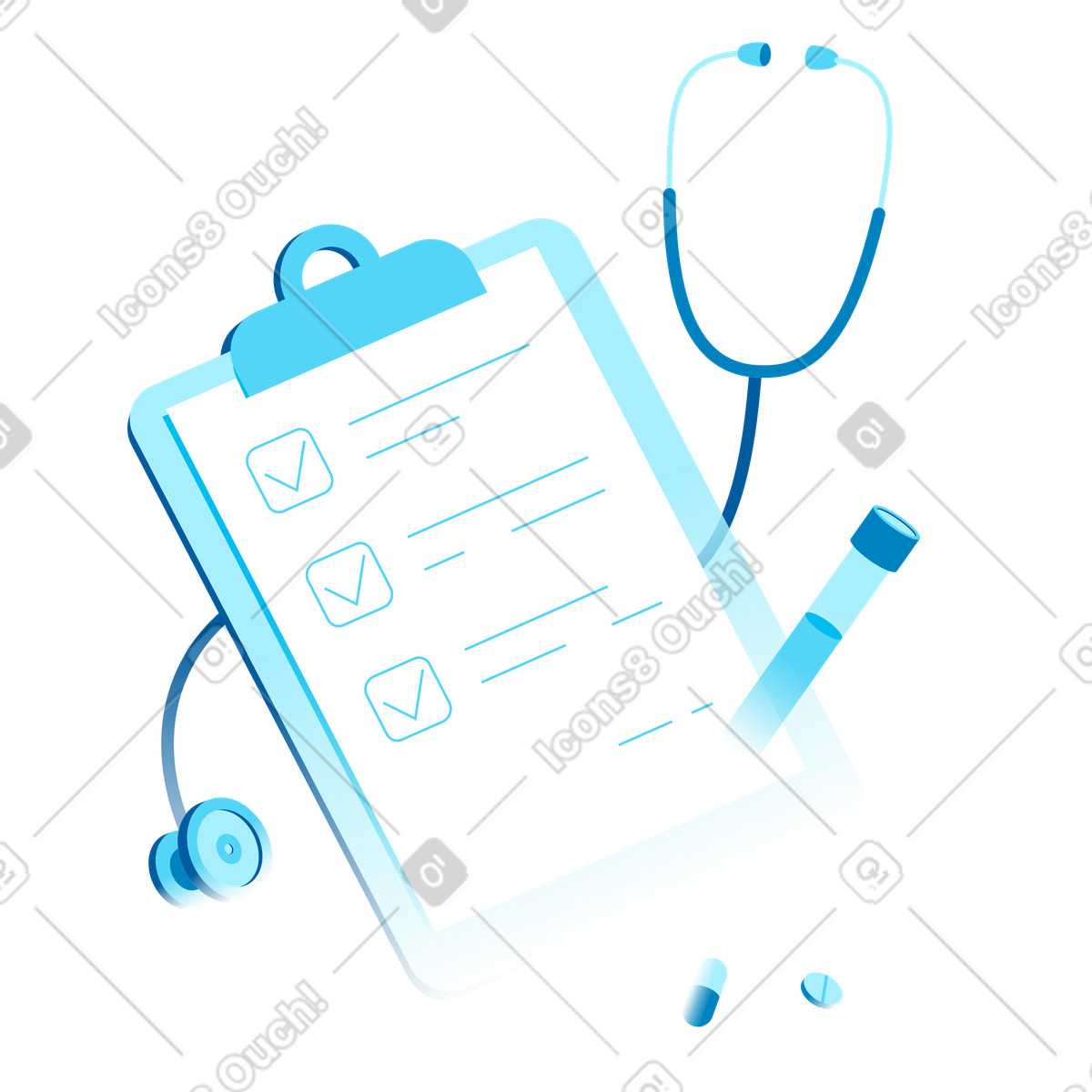 Medizinische untersuchung mit stethoskop und klemmbrett-Illustration im Icy-Stil als Download in PNG, SVG