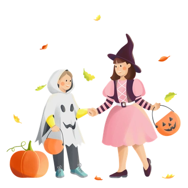 Two children in Halloween costumes holding hands - Shine style illustration