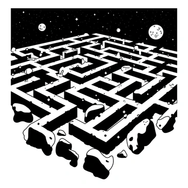 A duotone illustration of a complex maze set in outer space, featuring "asteroid walls" that are rough and uneven, varying in size and shape. The pathways of the maze are illuminated with "starry paths," adorned with small glowing stars scattered throughout. The backdrop showcases a deep, dark expanse of space, enhancing the maze's intricate design. Some asteroids appear to be floating, while others are tightly clustered, creating a sense of depth and dimension.