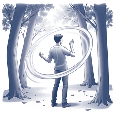 A young man is standing in a secluded glade, surrounded by tall trees with dense foliage. He is focused and poised as he practices magic. Swirling energies, depicted as intricate patterns of white and black, dynamically encircle him, creating a sense of movement and concentration. The ground below is covered with soft grass and scattered leaves, while dappled light filters through the tree branches above, casting shadows on his figure. His hands are raised as he channels the energies, emphasizing a moment of intense focus and mastery.