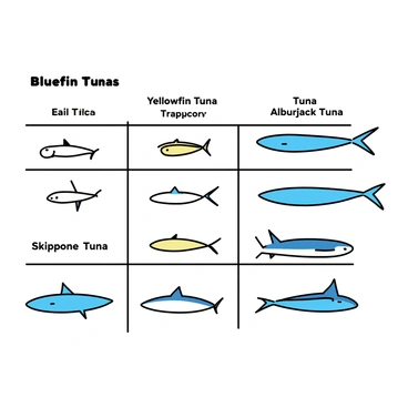 A minimalistic drawing featuring a detailed chart. The chart displays various species of tuna, including "Bluefin Tuna," "Yellowfin Tuna," "Albacore Tuna," and "Skipjack Tuna." Each species is illustrated with clear labels and simple outlines. The illustrations show distinct characteristics of each tuna species, such as size and fin shape, organized in a grid format. The background is plain to emphasize the chart and illustrations.