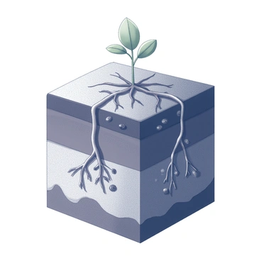 A cross-section of soil is displayed, revealing various soil layers. The topsoil is rich and dark, while the subsoil appears lighter in texture. Plant roots extend through the layers, intertwining and reaching deep into the earth. Some roots show clusters of carbon storage, depicted as small, dark nodes along the roots. The soil structure is illustrated with visible texture and mineral composition, highlighting the relationship between plants and the underground carbon storage.