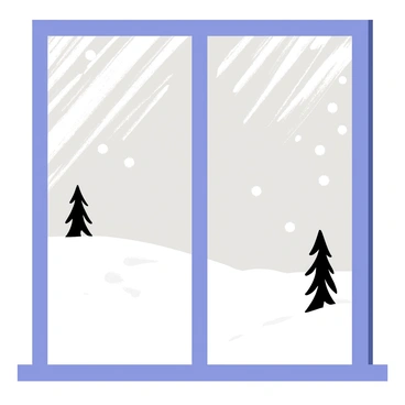 A frosty window with intricate ice patterns covering the glass. Outside the window, there is a snow-covered landscape featuring rolling hills and tall pine trees blanketed in white snow. Fluffy snowflakes gently fall from a gray sky, creating a tranquil winter scene. The light from the inside softly illuminates the edges of the window, contrasting with the cool hues of the snowy environment.