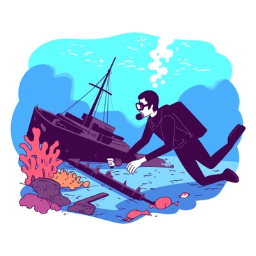 A secret agent wearing a black wetsuit is swimming near an underwater shipwreck. Bubbles are rising from the agent's scuba gear, and a flashlight is attached to their arm, illuminating the scene. Surrounding the wreckage are colorful coral formations in shades of red and orange, and schools of small fish swim by. The agent is inspecting the remnants of an old ship, with rusted metal and broken wooden planks scattered on the ocean floor. Sunlight filters through the water's surface, creating a dappled effect on the scene.