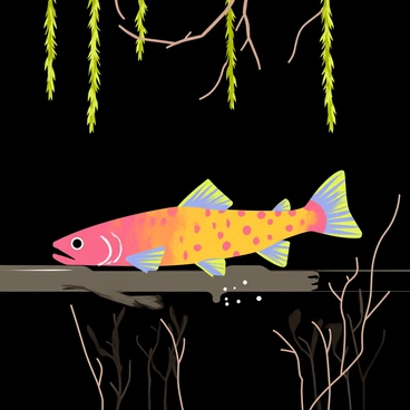 A brook trout with vibrant, multicolored scales is swimming through dark waters in a swamp. The water is murky, with hints of green and brown, creating an air of mystery. Long strands of hanging moss drape from twisted branches above. The surface of the water is slightly rippled, reflecting the shadows of the surrounding vegetation. Small bubbles can be seen rising as the trout moves gracefully through the submerged roots and underwater plants.