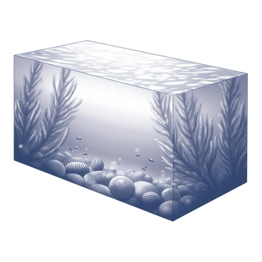 A split image depicting a kelp forest environment. The upper section of the image shows the surface of the water, with gentle ripples and reflections. Above the water, there are hints of sunlight filtering through, illuminating the kelp fronds that float just below. The lower section of the image reveals the underwater world, where tall, swaying kelp plants rise from the seabed. Various marine creatures, such as fish and sea urchins, inhabit the kelp forest, darting between the dense foliage. The contrasting light between the above-water scene and the underwater landscape enhances the depth of the image.
