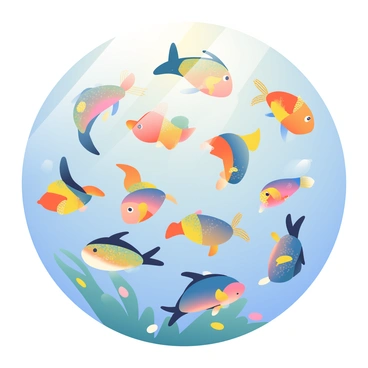 A vibrant school of fish is swimming together, forming a unique spiral pattern in the water. The fish have a variety of colors, including shades of blue, orange, and yellow, with shimmering scales that reflect light. Each fish is detailed, showcasing fins and tails as they move in unison. Sunlight filters down through the water, creating a soft gradient effect that enhances the movement of the fish and the surrounding water. The background showcases hints of coral and underwater plants, adding depth to the scene.