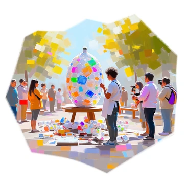 An artist with medium skin and curly hair stands in a vibrant public space, concentrating as they create a large sculpture made entirely of discarded plastic bottles. The artist is wearing a colorful apron and has various tools scattered around them on the ground. The sculpture is taking shape, with an intricate design emerging from the plastic bottles of different colors and sizes. People are stopping to watch, some taking photos, while others are engaged in conversation about the artwork. The background features green trees and park benches, adding to the lively atmosphere.