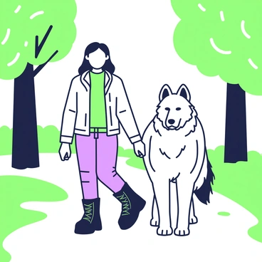 A person with long hair is walking alongside a large wolf. The person is dressed in comfortable outdoor clothing, with a soft jacket and sturdy boots. The wolf is majestic, with a thick coat that highlights its features. They are strolling through a forest path, surrounded by tall trees with lush foliage. Sunlight filters through the leaves, creating dappled shadows on the ground. The scene captures a sense of connection and tranquility between the person and the wolf, as they move in unison along the path.
