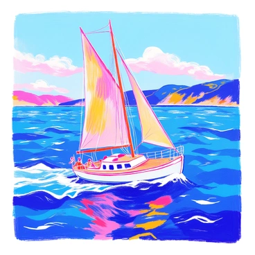 A sailboat is gliding across a gently rippling sea. The sailboat has a tall, triangular sail that is fully raised, catching the wind. The hull of the sailboat is sleek and streamlined, reflecting the sunlight. The water is a vibrant blue, with white caps forming on the waves. In the background, there are distant hills that rise gently against the horizon. The sky is clear with a few fluffy clouds. The scene captures a sense of calm and adventure on the water.