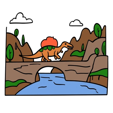 A spinosaurus with brown and green scales is crossing a natural rock bridge over a flowing river in a canyon. The dinosaur has a large sail on its back and sharp teeth visible as it walks. Below, the river has clear blue water reflecting the sunlight, and the canyon walls are steep and lined with rugged rock formations. There are patches of green vegetation and some trees scattered along the edges of the canyon, adding contrast to the rocky landscape. The sky is clear with a few fluffy white clouds.