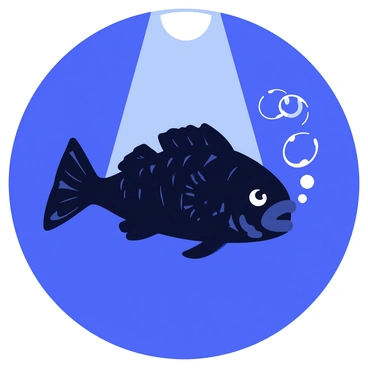 An anglerfish with a large mouth and prominent bioluminescent lure is swimming in deep blue water. The fish has spiky fins and textured skin that appears dark and rugged. A singular moonbeam breaks through the surface of the water, creating a spotlight effect on the anglerfish. The surrounding water is a gradient of deeper blue, suggesting depth and contrast with the illuminated fish. Bubbles rise from the fish, enhancing the underwater scene.