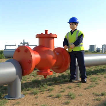 A worker wearing a blue hard hat and a reflective safety vest is positioned next to a large red valve on a natural gas pipeline. The worker has short black hair and is using both hands to turn the valve. The pipeline is made of steel and has a metallic gray color, running across a dirt field with sparse green grass. In the background, there are distant machinery and a clear blue sky. The valve is prominently displayed, showcasing its industrial design and the bright red color stands out against the surrounding environment.