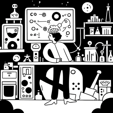 An eccentric scientist with wild hair is standing at a cluttered workbench in a secret underground lab. The lab is filled with strange contraptions, including large, intricate machines with gears and levers, glass beakers bubbling with mysterious liquids, and shelves lined with odd scientific instruments. Various pieces of equipment are scattered about, and a large chalkboard filled with complex formulas and diagrams is mounted on the wall. Dim lighting casts shadows across the room, accentuating the chaotic atmosphere of the laboratory.