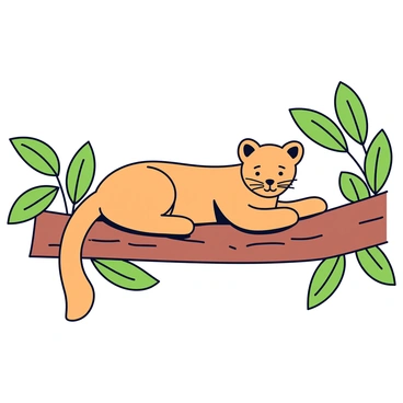 A puma with a sleek tan coat is resting lazily on a sturdy tree branch. Its eyes are closed, and it has a relaxed posture, with its tail gently hanging down. The tree branch is thick and textured, indicating strength and stability. Surrounding the branch are lush green leaves, providing a natural backdrop. The leaves vary in size and shape, creating a dense canopy around the puma.