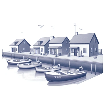 A fishing village with traditional Anglo-Saxon architecture. Small, thatched-roof cottages with timber frames line the waterfront. Several wooden boats are docked at a sturdy wooden pier, each boat displaying various fishing gear. The pier extends over the calm water, with ropes and nets lying beside the boats. Seagulls can be seen in the sky, and fishing supplies are scattered around the area, adding to the village's maritime atmosphere.