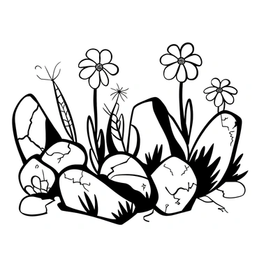 Evening primroses with delicate, elongated petals grow among weathered ancient stones in a ruin. The stones are rough and uneven, displaying signs of age with cracks and moss covering their surfaces. Some primroses stand tall, while others bend slightly due to the gentle breeze. Shadows from the stones create intricate patterns on the ground around the flowers.