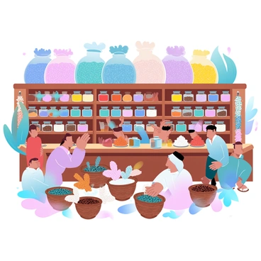 A bustling spice market filled with colorful sacks stacked high, each one brimming with different spices in vibrant hues. Jars of spices in assorted sizes line the wooden shelves, showcasing a variety of textures and colors. The scene includes a range of spices, such as deep red paprika, bright yellow turmeric, and earthy brown cumin. There are woven baskets overflowing with dried herbs and fragrant mixtures. Several people are engaged in lively conversations, examining the spices, while a backdrop of richly patterned textiles adds to the vibrant atmosphere.