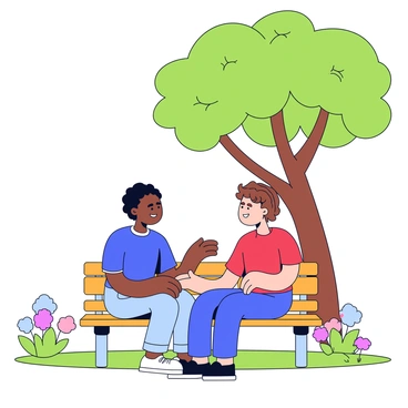 Two friends sitting on a wooden park bench under a leafy green tree. One friend has short black hair and wears a blue shirt, while the other has wavy brown hair and is dressed in a red t-shirt. They are facing each other, with their hands gesturing as they talk. Around them, there is a grassy area, and a few colorful flowers are blooming nearby. A light breeze gently moves the leaves, adding a sense of tranquility to the scene.
