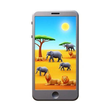 A 3D smartphone with a sleek design is showcasing a vibrant safari scene. On the screen, there are several elephants walking gracefully across a golden savannah. Majestic lions can be seen lounging nearby, their fur glowing under the bright sun. The background features acacia trees and a clear blue sky, enhancing the lively atmosphere of the wildlife scene. The details of the phone are sharp and modern, creating a striking contrast with the natural elements displayed on its screen.