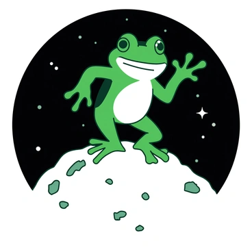 A green frog standing proudly on the surface of the moon, which is depicted in a bright white color. The moon's surface is rocky and cratered, contrasting with the frog's vibrant appearance. The frog has a wide smile, with its front legs raised as if celebrating its presence. In the background, the deep black of space is visible, dotted with small white stars, emphasizing the moon's isolation in the cosmos.