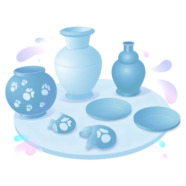 A collection of ancient artifacts is displayed on a textured surface. Each artifact is adorned with intricate fingerprint designs in varying sizes and patterns. The artifacts include a weathered amphora, a small bronze statue, and a set of decorative pottery pieces. The textures of the artifacts are detailed, showing signs of age and history. Soft light casts gentle shadows, enhancing the depth and details of the fingerprints on the surfaces.