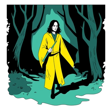 A yellow Severus Snape is walking cautiously through a dense, dark forest. He is holding a teal wand in front of him, prepared for any potential danger. The trees around him are tall and imposing, with twisted branches that create an almost oppressive atmosphere. Shadows lurk beneath the leaves, hinting at the secrets of the Forbidden Forest. Snape's robes billow slightly behind him as he moves, and his expression is focused and alert, scanning the environment for any signs of movement.