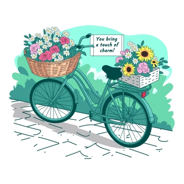 A teal retro bicycle is parked on a cobblestone path. The bicycle has a chrome finish with a classic curved frame, and it features a large wicker basket at the front. The basket is overflowing with an assortment of colorful flowers, including daisies, roses, and sunflowers. Tucked into the flowers is a small white card that reads "You bring a touch of charm!" in elegant script. The background shows a soft blur of green foliage and a hint of a blue sky, complementing the vibrant scene.