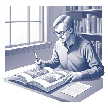 A historian is sitting at a wooden table, closely examining a vintage illustration. The illustration depicts a significant historical event in detail. The historian, a middle-aged person with glasses, is holding a magnifying glass in one hand while the other hand is gently turning the edge of the illustration. The room is filled with shelves of books and historical artifacts. Sunlight is filtering through a nearby window, casting soft shadows on the table. The historian is dressed in a formal shirt, and there is an air of concentration as they study the intricate details of the illustration.