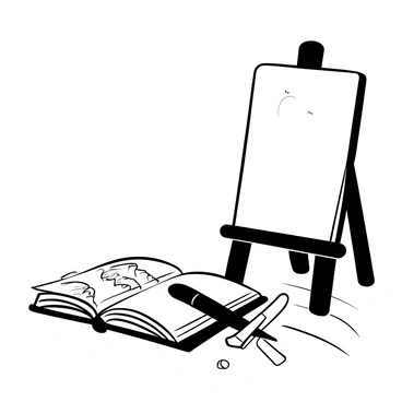 An open sketchbook laying on a wooden table, displaying rough pencil drawings on its pages. Beside it stands an easel holding a blank canvas, poised and ready for a new creation. A few charcoal sticks and a paintbrush are placed next to the sketchbook. The scene is enhanced by a bright light illuminating the sketchbook and canvas, casting soft shadows.