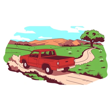 A red dusty pickup truck, with its windows slightly rolled down, is driving along a winding dirt road in rural America. The truck kicks up a cloud of dust behind it, creating a trail that follows the vehicle. On both sides of the road, there are green fields dotted with wildflowers, and in the distance, there are rolling hills under a blue sky. A few scattered trees provide shade along the road, and the sun casts warm light over the scene, highlighting the rustic charm of the landscape.