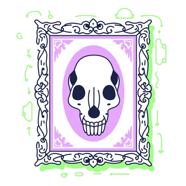 A cat skull is mounted within an ornate frame, resembling an elegant piece of art displayed on a gallery wall. The frame features intricate designs, adding to the artistic presentation. The cat skull is positioned centrally, showcasing its fine details such as the eye sockets, nasal cavity, and teeth. Surrounding the frame, the gallery wall is decorated with subtle textures, enhancing the focus on the framed skull as a captivating centerpiece.