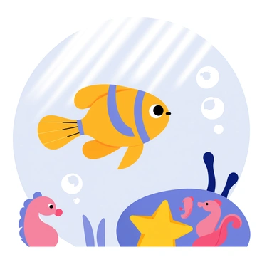 A vibrant angelfish with bright orange and blue stripes swims gracefully through the water. Surrounding the angelfish are several cheerful ocean creatures. A yellow starfish rests on a coral reef nearby, its arms spread wide. A pair of small seahorses, one pink and one purple, float beside the coral, their tails curled around each other. Sunlight filters down through the water, illuminating the scene and highlighting the colors of the fish and corals. Bubbles rise from the creatures, adding a sense of movement to the tranquil underwater environment.