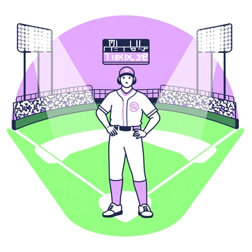 A baseball field is illuminated under bright stadium lights. In the center, a player named "Shohei Ohtani" is standing heroically, wearing a baseball uniform with a cap. He has a focused expression on his face. The grass of the field is freshly cut, and the bases are clearly marked. In the background, the stands are filled with fans, and a scoreboard is visible above, displaying the game information.