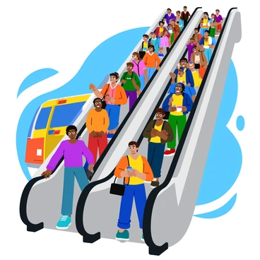 A busy escalator filled with commuters hurrying upwards. Each person has a distinct appearance and expression, showcasing a range of emotions from determination to urgency. The escalator is metallic and sleek, with side panels that reflect the hustle of the crowd. Bright overhead lights illuminate the scene, creating a sense of activity and movement. Some commuters are holding briefcases, backpacks, or coffee cups, while others are checking their watches or smartphones. In the background, a train is partially visible, hinting at the urgency of catching it.