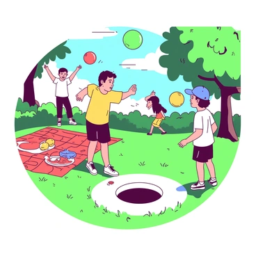 A group of players are gathered in a park on a sunny day, focused on tossing colorful bean bags into a white circular hole set into the grass. One player, wearing a yellow t-shirt, is in mid-toss with a green bean bag. The sunlight highlights their determined expression. Nearby, another player in a blue cap holds a red bean bag, ready for their turn. In the background, trees provide shade, and a picnic blanket is spread out with various snacks. The atmosphere is lively and filled with friendly competition.