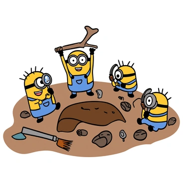 A group of small yellow Minions with big eyes and overalls are carefully unearthing dinosaur bones at a dig site. They are using tiny brushes and tools to gently excavate the bones from the sandy ground. The dig site is surrounded by rocks and archaeological tools, and there are some large dinosaur footprints nearby. One Minion is excitedly holding up a large dinosaur bone, while another Minion is looking through a magnifying glass. The scene conveys a sense of teamwork and curiosity among the Minions as they explore the prehistoric remains.