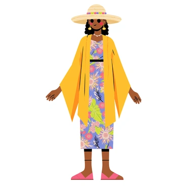 A fashion illustration featuring an outfit that blends elements from multiple cultures. The outfit includes a flowing, brightly colored kimono with intricate floral patterns, layered over a fitted, patterned dress reminiscent of traditional African textiles. The sleeves of the kimono are wide and fluttering, while the dress has a cinched waist and a full skirt. Accessories include a pair of ornate earrings inspired by Middle Eastern designs and a wide-brimmed straw hat decorated with vibrant woven accents. The model stands confidently against a simple backdrop, showcasing the harmonious mix of cultures in the ensemble.