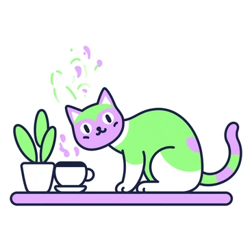 A cat is sitting on a wooden table, leaning forward with its nose close to a steaming cup of coffee. The cat has soft fur with distinct markings and bright eyes, displaying a curious expression. The cup is white with a circular handle, and wisps of steam rise from the surface of the coffee, creating a sense of warmth. In the background, there is a small potted plant, adding a touch of greenery to the scene.