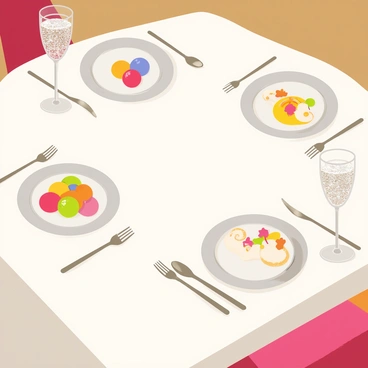 A dining table set with a sleek, polished surface in a modern kitchen environment. The table holds several ornate plates, each displaying intricate molecular gastronomy dishes. One dish features spheres of colorful gel, another has foam in vibrant colors, and a third plate shows a delicate arrangement of edible flowers. Various utensils made of shiny metal are placed beside each dish, and a couple of glasses filled with sparkling liquid sit at either end of the table. Soft, ambient lighting highlights the unique presentation of the dishes.