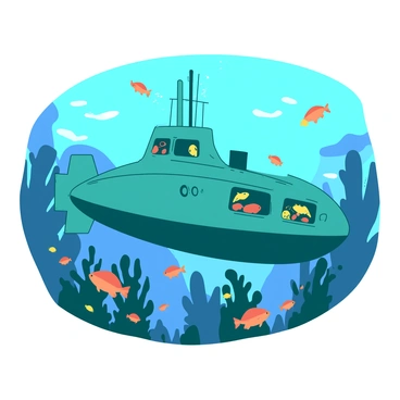 A teal submarine is navigating through the deep ocean, surrounded by a variety of colorful fish. The submarine has large viewing windows revealing the interior filled with glowing instruments. Schools of orange fish are swimming gracefully around the submarine, while a few yellow fish dart in and out of view. In the background, gently swaying coral formations can be seen basking in the filtered light from above, adding texture to the underwater scene.
