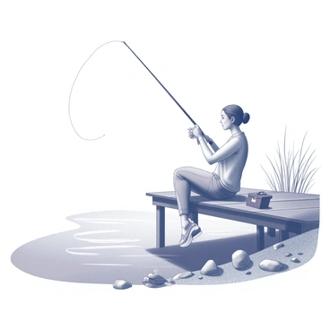 A woman sitting on a wooden dock, with her legs dangling over the edge. She holds a fishing rod tightly in her hands, focusing intently on the water below. The river flows slowly, with gentle ripples creating a serene surface. Surrounding the dock, tall grasses sway slightly in the breeze, and a few small rocks are scattered along the riverbank. The woman wears a simple, casual outfit and has her hair pulled back in a loose bun. A small tackle box sits beside her on the dock, indicating her fishing endeavor. "A peaceful afternoon spent fishing" is subtly written in the air above her.