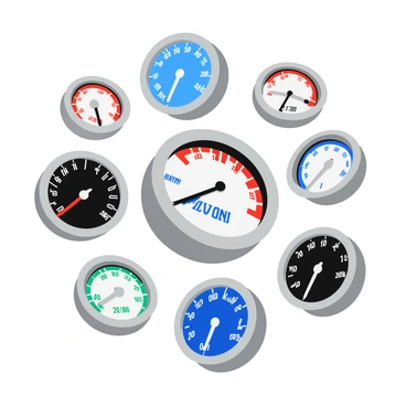 A collection of motorcycle speedometer dials with various designs arranged aesthetically. Each speedometer features a distinct face with differently styled numerals and markings. The dials are housed in sleek metallic casings, showcasing a blend of chrome and matte finishes. Some speedometers display a classic look with vintage font styles, while others have a modern appearance with digital elements. The color schemes vary, including bold reds, deep blues, and bright whites, highlighting the unique character of each design. Each dial is positioned at a slight angle, emphasizing the depth and details of the various designs.
