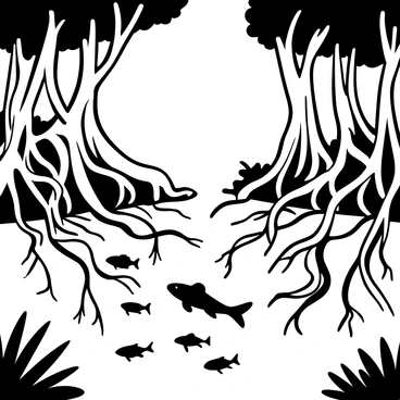 A mangrove swamp with twisted, gnarled roots extending into the water. The roots create intricate patterns as they intertwine with each other. The water is clear, revealing various fish swimming gracefully among the submerged branches. Lush greenery surrounds the swamp, with tall mangrove trees rising above the waterline. Silhouettes of fish can be seen darting among the roots, creating a lively scene in the tranquility of the swamp.