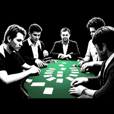 A baccarat table is set in a dimly lit room, with several players seated around it. Each player is intently focused on the cards laid out on the green felt surface. Their expressions show concentration and anticipation. The cards are face down, waiting to be revealed, creating an air of tension. Some players are leaning forward slightly, while others have their arms crossed, displaying various postures of engagement. The scene captures the atmosphere of the game, emphasizing the stakes involved, with a few gambling chips stacked in front of each player.
