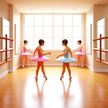 A group of ballet dancers practicing in a well-lit studio. The dancers are wearing elegant tutus and fitted leotards. Two dancers are facing each other, one demonstrating a pirouette while the other watches attentively and adjusts their posture. Mirrors line the wall, reflecting their graceful movements. Wooden barre installations are positioned along the sides of the room. Soft natural light filters through large windows, illuminating the polished wooden floor. The atmosphere conveys dedication and teamwork as they help each other perfect their moves.